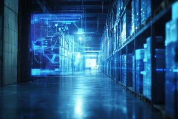 Modern warehouse with futuristic digital overlays showing inventory management and logistics in action at dusk