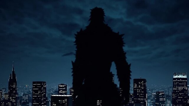 Halloween giant beast walking through city, night skyline, monstrous figure, urban nightmare, spooky silhouette, cinematic horror