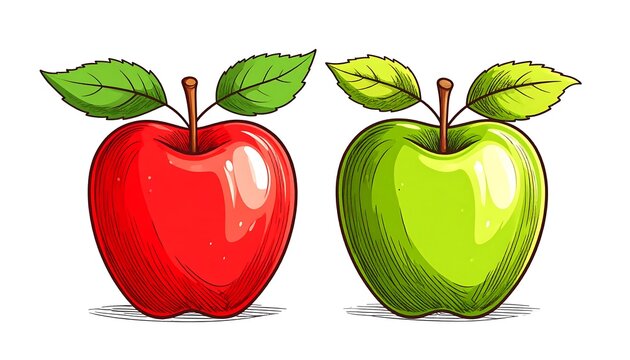 Two stylized apples, red and green, on white background