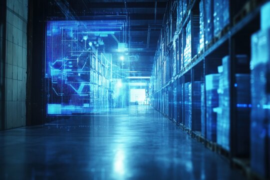 Modern warehouse with futuristic digital overlays showing inventory management and logistics in action at dusk