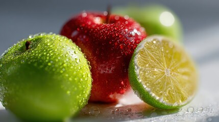 Fresh apple and lime, bright colors and droplet, healthy eating concept