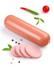 Pink sausage with slices and herbs