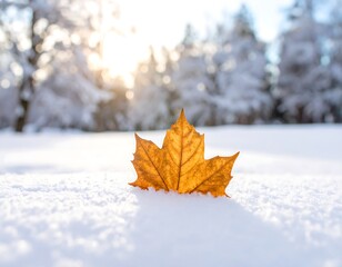 Golden leaf in snowy landscape