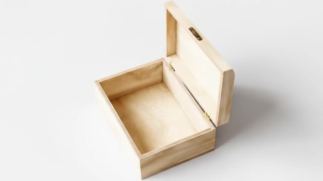 An empty light-colored wooden box with a lid lies open on a white background.