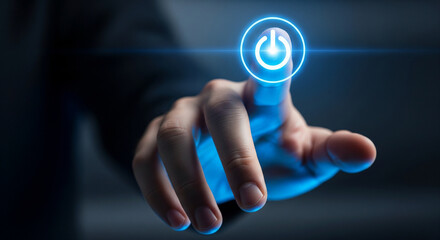 Fingertip activates glowing power button with digital interface