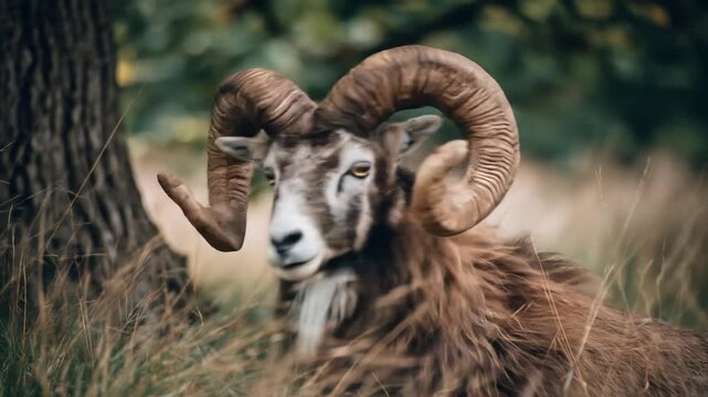 Regal ram stands in tall grass, majestic horns curling towards the blurred background
