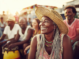 Joyful woman with gray hair wearing a straw hat smiling while sitting among friends at an outdoor festive gathering during sunset with colorful decorations in the background.