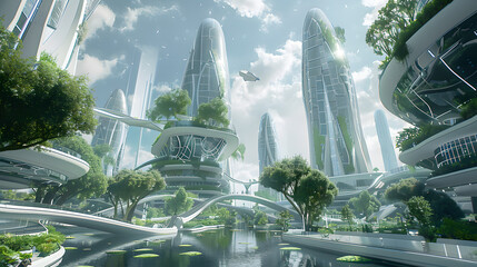 futuristic city architecture with glass skyscrapers, curved organic shapes, sustainable eco design, cinematic 16:9