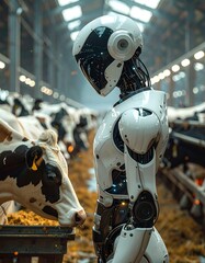 Futuristic robot in a barn with cows