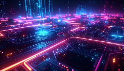 Abstract Cyberpunk Cityscape with Neon Accents and Glowing Lines Cinematic Landscape of Digital Connectivity Intense Illumination and Ornate Detail in Darkness