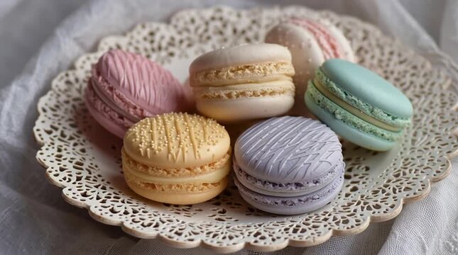 Assorted pastel macarons arranged on a decorative white lace doily with a soft cloth background