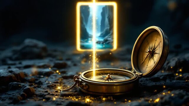 Close-up view of an antique compass with a glowing portal emanating a mystical landscape, shot with dramatic lighting and dark, moody tones against a textured ground.