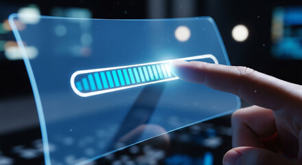 Fingertip interacting with a futuristic loading bar on a digital interface, symbolizing progress and technology.