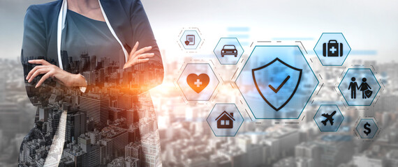 Security and insurance concept showing protection coverage for health, travel, home, car, life, and financial safety, emphasizing trust and policy assurance Vouch