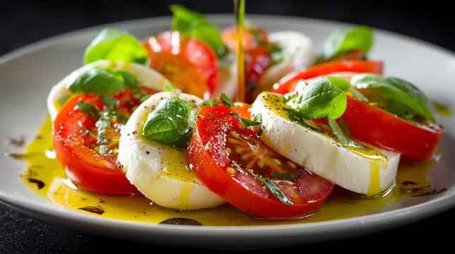 Close up of caprese salad with tomatoes mozzarella and basil being drizzled with olive oil on plate