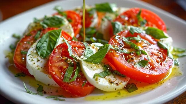 Close up of caprese salad with tomatoes mozzarella and basil being drizzled with olive oil dressing