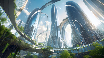 futuristic city architecture with glass skyscrapers, curved organic shapes, sustainable eco design, cinematic 16:9