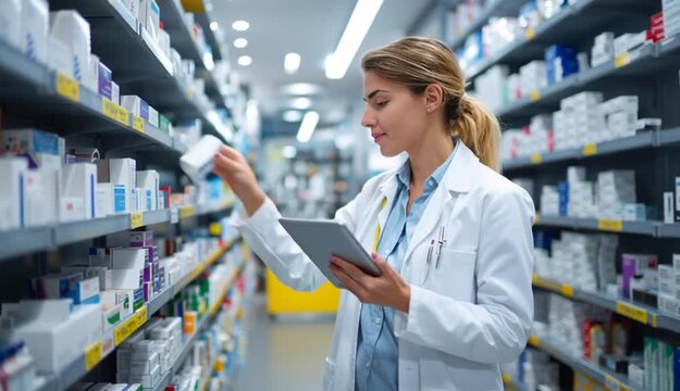 Female pharmacist in white lab coat holding tablet computer while selecting medication from pharmacy shelves, modern pharmacy with organized medicine boxes on shelves