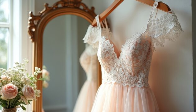 Delicate wedding dress with intricate lace details hangs near pastel bouquet. Softly lit setting reflects elegance. Luxurious gown, bridal inspiration, chic, feminine design. Romantic element for - Powered by Adobe