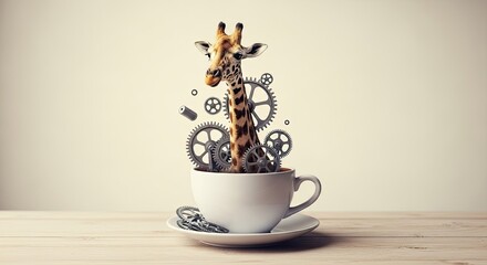 A surreal giraffe with mechanical gears emerges from a coffee cup.