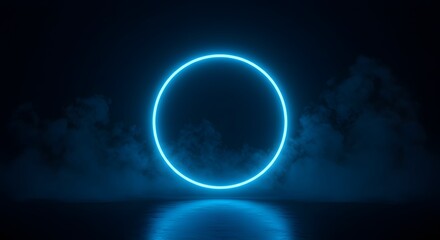 Neon Blue Circle on a Dark background: An elegant glowing neon blue circle floats against a dark background creating a modern minimalist aesthetic and a mysterious aura.