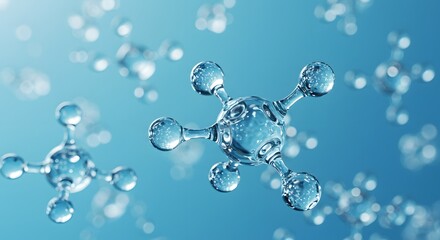 Molecular Symphony: A mesmerizing display of interconnected water molecules, shimmering and floating against a backdrop of serene blue. Each molecule glistens with intricate detail.