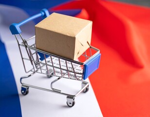 Miniature Shopping Cart with Cardboard Box on French Flag Background