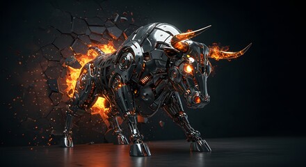 Robotic Bull Roaring with Metallic Fury: A formidable mechanical bull, constructed of polished metal and blazing fiery elements, strikes a pose of unbridled power and technological innovation.