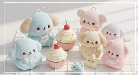 Whimsical Soft Toys & Pastries: A pastel-hued display of charming, plush toys alongside delectable miniature pastries. A sweet treat for the eyes!