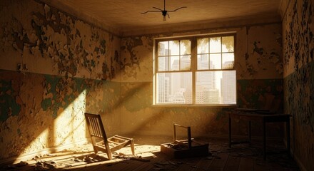 Abandoned Room Sunlight Through Window Dusty Chair Old Wallpaper.
