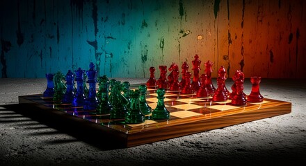 Chessboard Confrontation: A tense chess match is depicted, with colorful glass pieces strategically arrayed on a checkered board, under a moody, dramatic lighting, embodying strategy and competition.