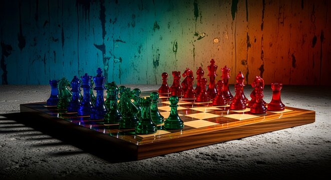 Chessboard Confrontation: A tense chess match is depicted, with colorful glass pieces strategically arrayed on a checkered board, under a moody, dramatic lighting, embodying strategy and competition.
