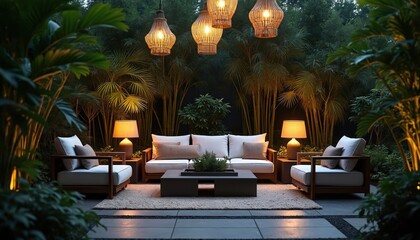 Luxury outdoor patio at night, serene garden oasis. Features modern furniture, ambient lighting, plush cushions, rich green plants creating tranquil, elegant atmosphere. Perfect for relaxation,