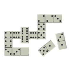 Domino pieces with black dots arranged in gameplay layout, flat graphic style on white background. Concept of board game strategy. Vector illustration