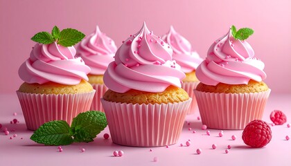 Pink cupcakes with raspberry and mint