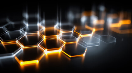 Obraz premium Close up of a hexagonal pattern with a yellow hue. The pattern is made up of small squares and is illuminated
