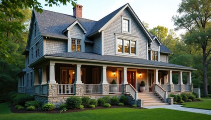 Elegant farmhouse with wrap-around porch, shingle exterior, and modern lanterns. Cape Cod style residence surrounded by lush green plants. Inviting entrance with stone accents and manicured lawn.
