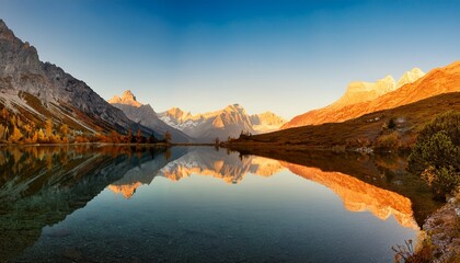 Fototapeta premium Serene Alpine Lake Reflecting Mountain Peaks At Dawn Tranquil Mountain Scenery With A Calm Lake Mirroring The Peaks Golden Hour Light Illuminates The Landscape