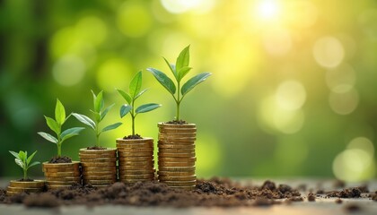 Money grows with plants sprouting from stacked coins. Sustainable investing concept. Gold coins in soil under soft green bokeh background. Financial growth, eco-friendly investment idea.