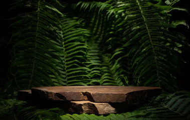 Natural brown stones and green plants for a cosmetics catwalk backdrop. Natural stones for product presentations, perfumes, medicines, jewelry, and cosmetics.
