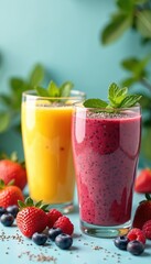 Assortment of colorful fruit smoothies with chia seeds, mint garnish. Yellow, berry red drinks in glasses. Fresh berries like strawberries, blueberries, raspberries surround drinks. Healthy,
