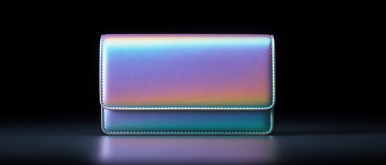 Elegant iridescent wallet with gradient finish on black background showcasing modern fashion accessory design