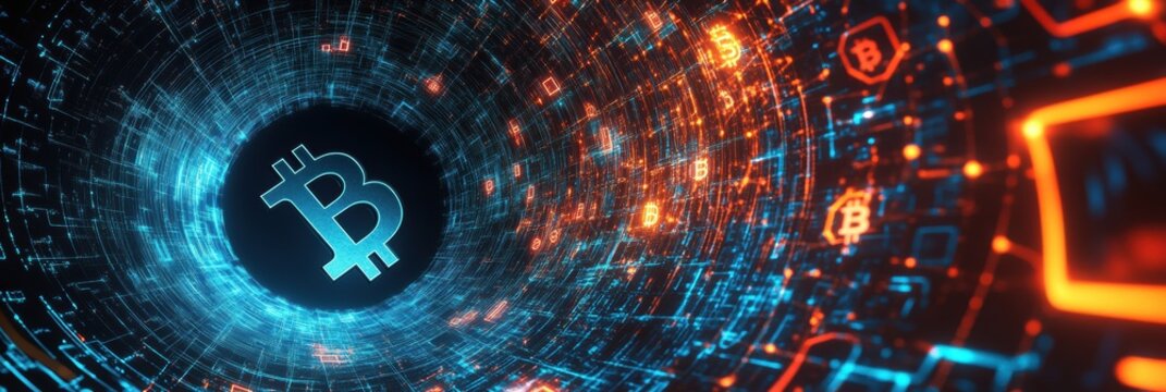 Visual representation of a digital tunnel featuring Bitcoin symbols and vibrant glowing data streams in a futuristic virtual environment