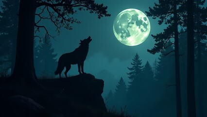 Majestic wolf howls under a bright full moon in a misty forest landscape at night