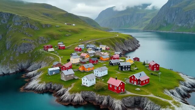 Aerial view of colorful hillside houses in Gaupne Norway above turquoise fjord