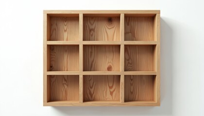 Minimalist wall mounted wooden shelf unit features nine square compartments. Natural wood grain texture, clean brown finish. Geometric shelving design offers versatile storage, organization for home