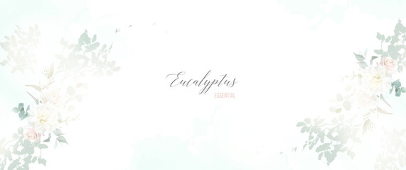 Herbal eucalyptus watercolor vector banner frame. Hand painted branches, rose, dahlia flowers on white background. Greenery wedding invitation. Watercolor card. All elements are isolated and editable © lavendertime