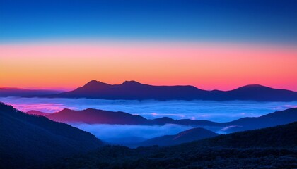 Vibrant Sunset Landscape With Gradient Fog And Neon Hills
