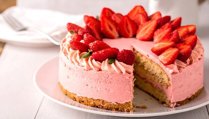 Pink strawberry cake on white plate