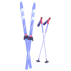 Winter sports equipment showing a pair of skis and ski poles in flat graphic style on a white background. Concept of skiing and outdoor activity. Vector illustration